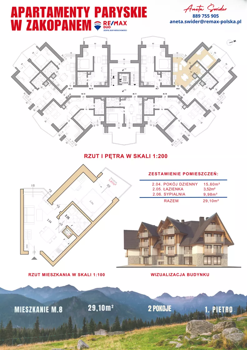 2 pokoje, apartament 29,10 m², piętro 1, oferta nr M.8, Apartamenty Paryskie, Zakopane, Pardałówka, ul. Paryskich 17A