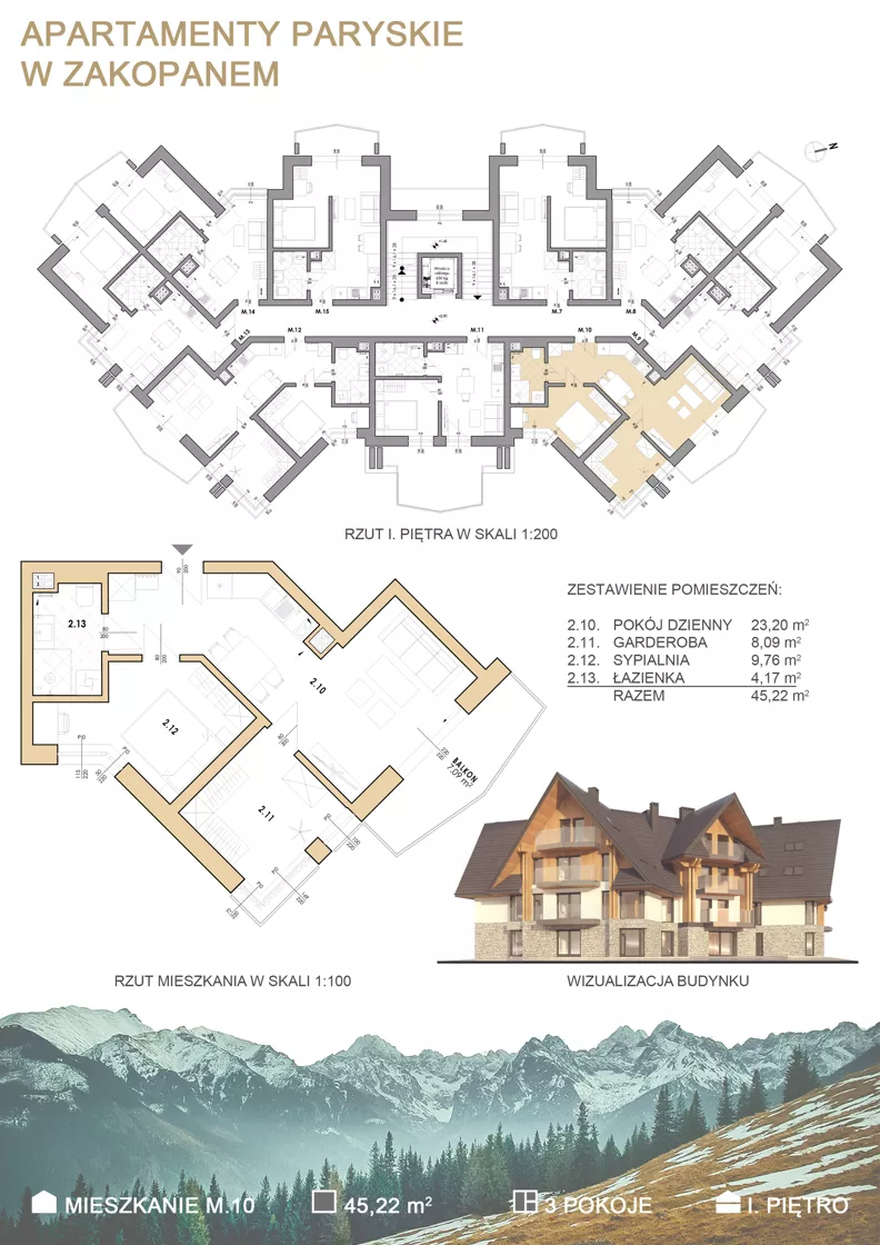 3 pokoje, apartament 45,22 m², piętro 1, oferta nr M.10, Apartamenty Paryskie, Zakopane, Pardałówka, ul. Paryskich 17A