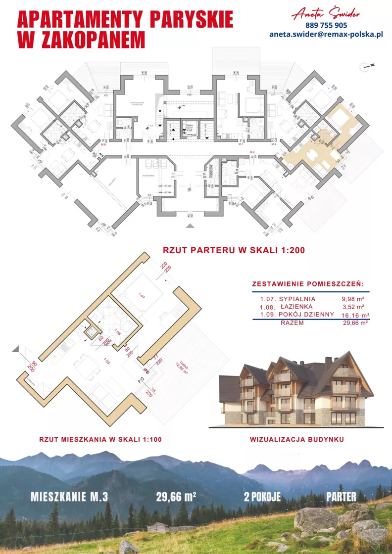 2 pokoje, apartament 29,66 m², parter, oferta nr M.3, Apartamenty Paryskie, Zakopane, Pardałówka, ul. Paryskich 17A