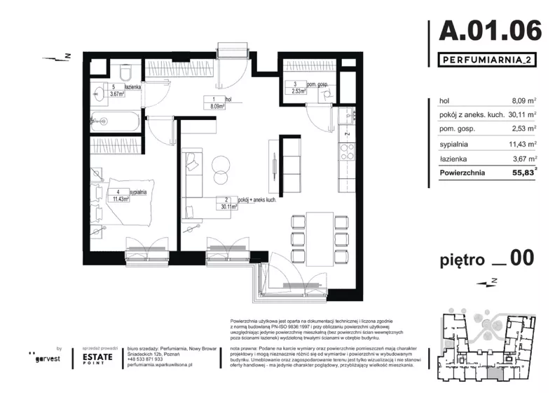 2 pokoje, apartament 55,35 m², parter, oferta nr A.01.06, Perfumiarnia 2, Poznań, Św. Łazarz, Łazarz, ul. Śniadeckich 10