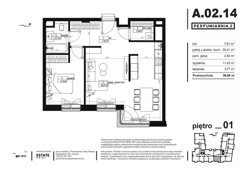 2 pokoje, apartament 55,50 m², piętro 1, oferta nr A.02.14, Perfumiarnia 2, Poznań, Św. Łazarz, Łazarz, ul. Śniadeckich 10