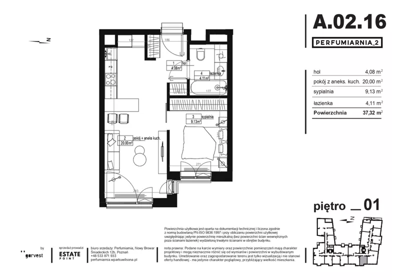 2 pokoje, apartament 37,37 m², piętro 1, oferta nr A.02.16, Perfumiarnia 2, Poznań, Św. Łazarz, Łazarz, ul. Śniadeckich 10
