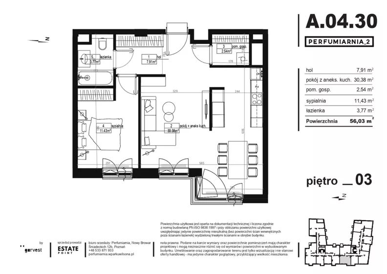 2 pokoje, apartament 55,60 m², piętro 3, oferta nr A.04.30, Perfumiarnia 2, Poznań, Św. Łazarz, Łazarz, ul. Śniadeckich 10