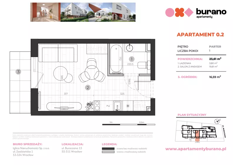 1 pokój, mieszkanie 23,61 m², parter, oferta nr M.0.2, Apartamenty Burano, Wrocław, Klecina, Krzyki, Buraczana 13