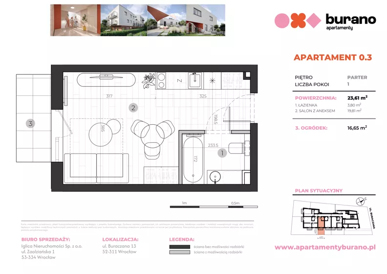 1 pokój, mieszkanie 23,61 m², parter, oferta nr M.0.3, Apartamenty Burano, Wrocław, Klecina, Krzyki, Buraczana 13