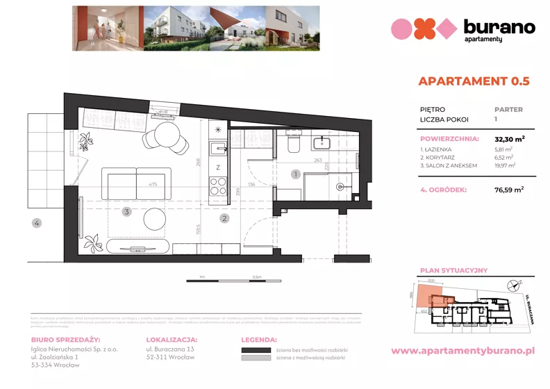 1 pokój, mieszkanie 32,30 m², parter, oferta nr M.0.5, Apartamenty Burano, Wrocław, Klecina, Krzyki, Buraczana 13
