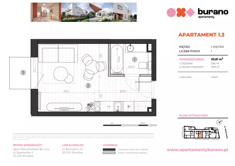 1 pokój, mieszkanie 23,61 m², piętro 1, oferta nr M.1.3, Apartamenty Burano, Wrocław, Klecina, Krzyki, Buraczana 13