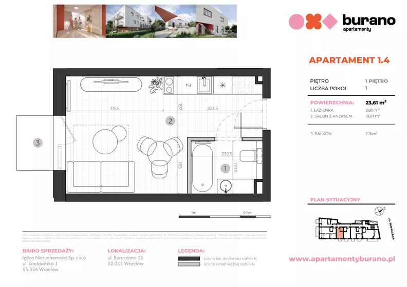 1 pokój, mieszkanie 23,61 m², piętro 1, oferta nr M.1.4, Apartamenty Burano, Wrocław, Klecina, Krzyki, Buraczana 13