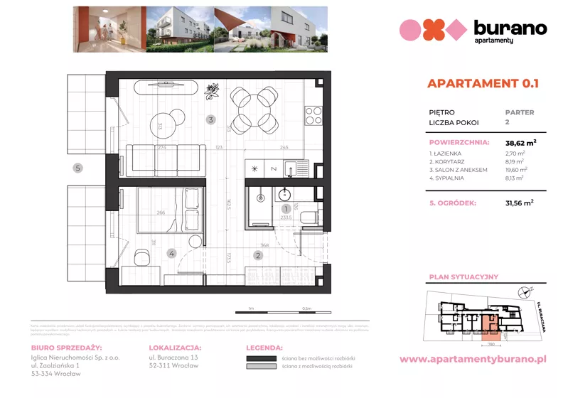 2 pokoje, mieszkanie 38,62 m², parter, oferta nr M.0.1, Apartamenty Burano, Wrocław, Klecina, Krzyki, Buraczana 13