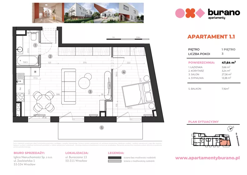 2 pokoje, mieszkanie 47,64 m², piętro 1, oferta nr M.1.1, Apartamenty Burano, Wrocław, Klecina, Krzyki, Buraczana 13