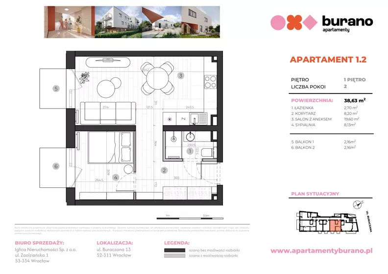 2 pokoje, mieszkanie 38,63 m², piętro 1, oferta nr M.1.2, Apartamenty Burano, Wrocław, Klecina, Krzyki, Buraczana 13