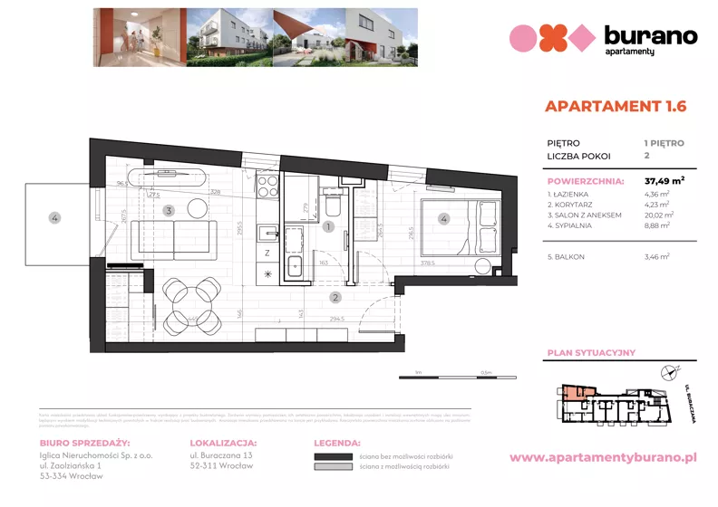 2 pokoje, mieszkanie 37,49 m², piętro 1, oferta nr M.1.6, Apartamenty Burano, Wrocław, Klecina, Krzyki, Buraczana 13