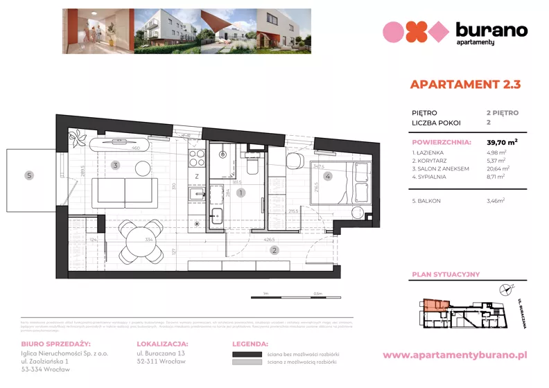 2 pokoje, mieszkanie 39,70 m², piętro 2, oferta nr M2.3, Apartamenty Burano, Wrocław, Klecina, Krzyki, Buraczana 13