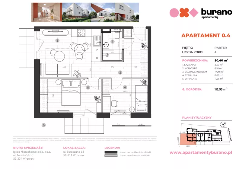 3 pokoje, mieszkanie 50,40 m², parter, oferta nr M.0.4, Apartamenty Burano, Wrocław, Klecina, Krzyki, Buraczana 13