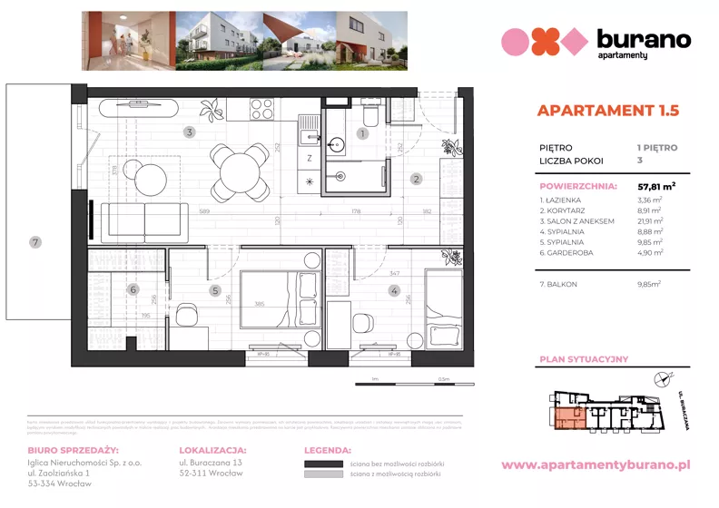 3 pokoje, mieszkanie 57,81 m², piętro 1, oferta nr M.1.5, Apartamenty Burano, Wrocław, Klecina, Krzyki, Buraczana 13