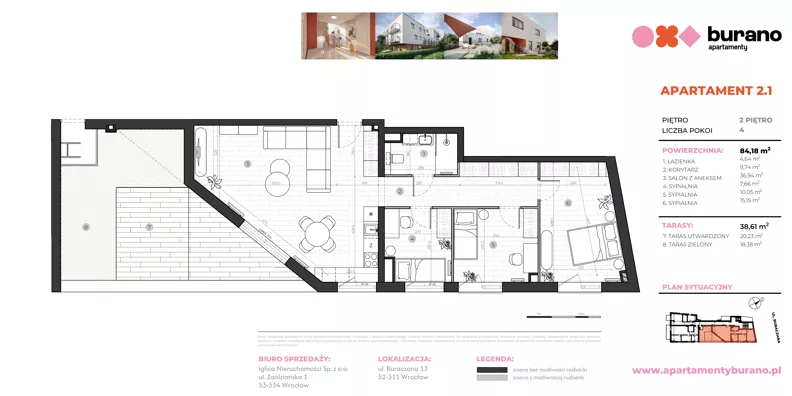 4 pokoje, mieszkanie 84,18 m², piętro 2, oferta nr M2.1, Apartamenty Burano, Wrocław, Klecina, Krzyki, Buraczana 13