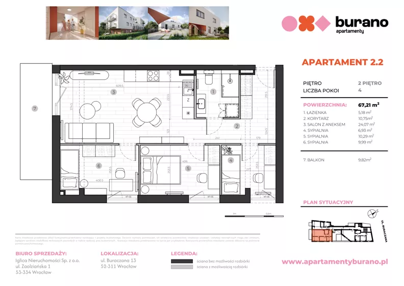 4 pokoje, mieszkanie 67,21 m², piętro 2, oferta nr M2.2, Apartamenty Burano, Wrocław, Klecina, Krzyki, Buraczana 13