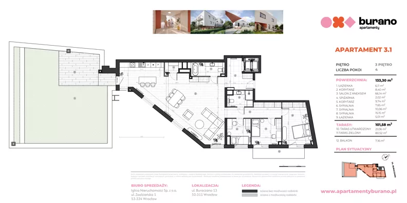 4 pokoje, mieszkanie 133,30 m², piętro 3, oferta nr M3.1, Apartamenty Burano, Wrocław, Klecina, Krzyki, Buraczana 13