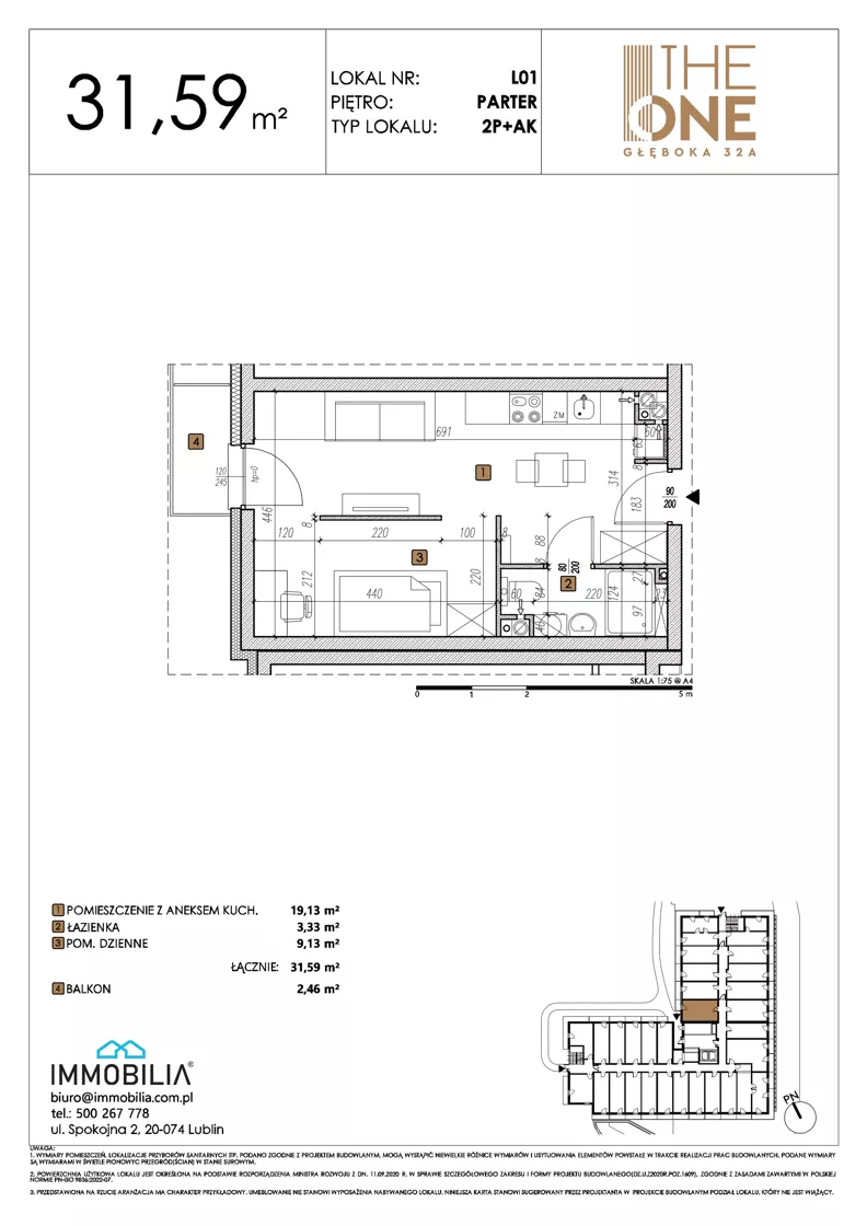 2 pokoje, lokal inwestycyjny 31,59 m², parter, oferta nr 1, THE ONE, Lublin, Wieniawa, Miasteczko Akademickie, ul. Głęboka 32A