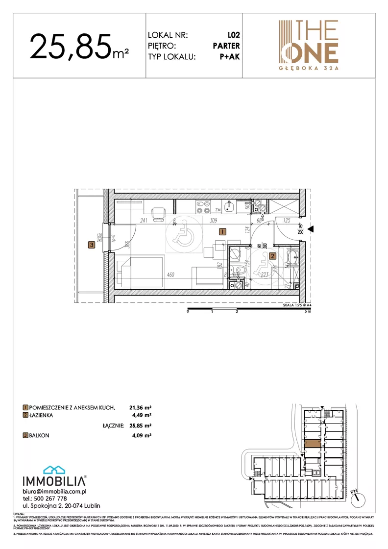 1 pokój, lokal inwestycyjny 25,85 m², parter, oferta nr 2, THE ONE, Lublin, Wieniawa, Miasteczko Akademickie, ul. Głęboka 32A