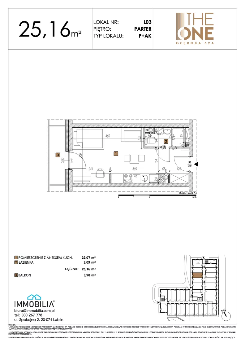 1 pokój, lokal inwestycyjny 25,16 m², parter, oferta nr 3, THE ONE, Lublin, Wieniawa, Miasteczko Akademickie, ul. Głęboka 32A