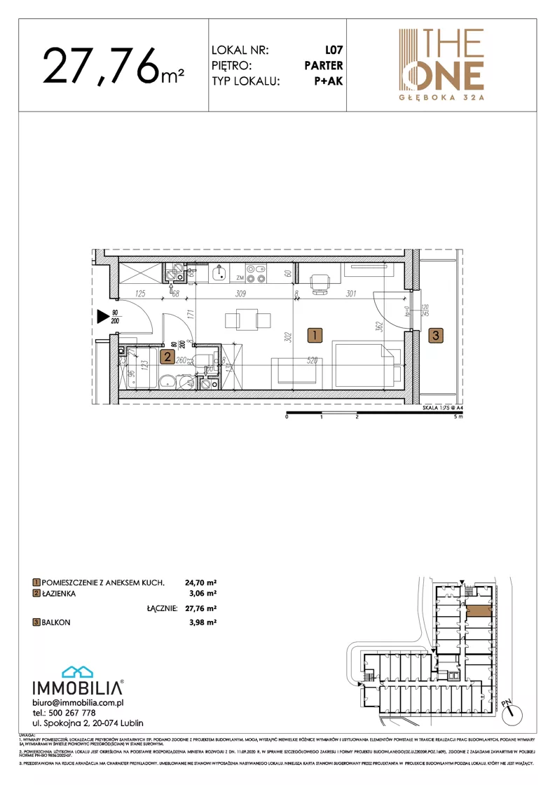 1 pokój, lokal inwestycyjny 27,76 m², parter, oferta nr 7, THE ONE, Lublin, Wieniawa, Miasteczko Akademickie, ul. Głęboka 32A