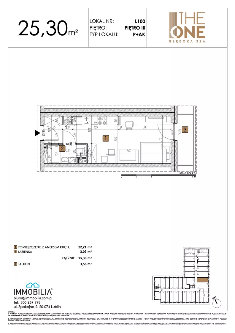 1 pokój, lokal inwestycyjny 25,30 m², piętro 3, oferta nr 100, THE ONE, Lublin, Wieniawa, Miasteczko Akademickie, ul. Głęboka 32A