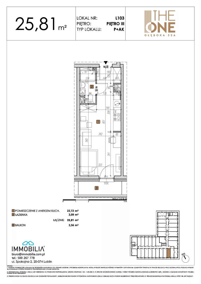 1 pokój, lokal inwestycyjny 25,81 m², piętro 3, oferta nr 103, THE ONE, Lublin, Wieniawa, Miasteczko Akademickie, ul. Głęboka 32A
