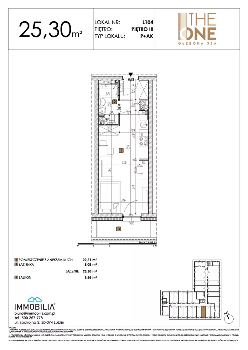 1 pokój, lokal inwestycyjny 25,30 m², piętro 3, oferta nr 104, THE ONE, Lublin, Wieniawa, Miasteczko Akademickie, ul. Głęboka 32A