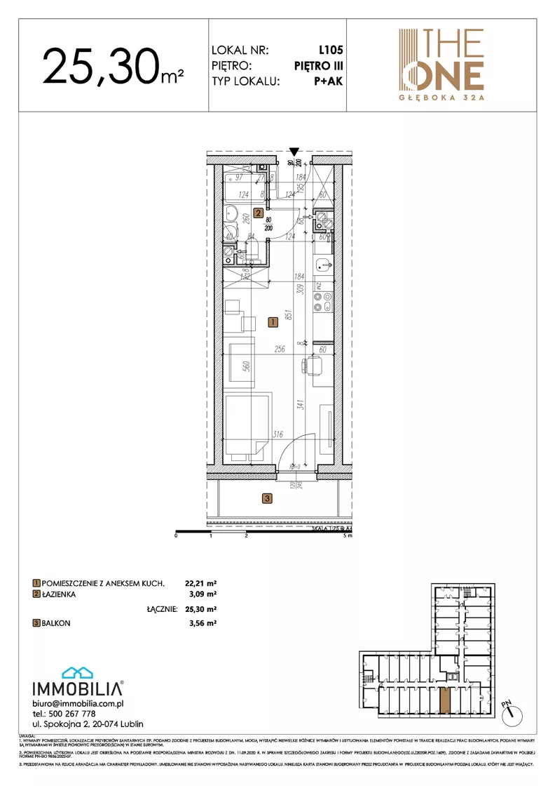 1 pokój, lokal inwestycyjny 25,30 m², piętro 3, oferta nr 105, THE ONE, Lublin, Wieniawa, Miasteczko Akademickie, ul. Głęboka 32A