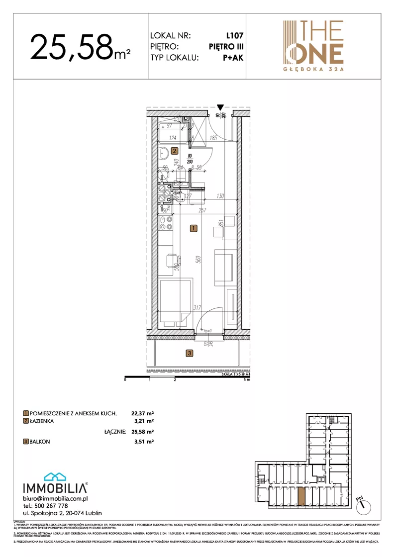 1 pokój, lokal inwestycyjny 25,58 m², piętro 3, oferta nr 107, THE ONE, Lublin, Wieniawa, Miasteczko Akademickie, ul. Głęboka 32A