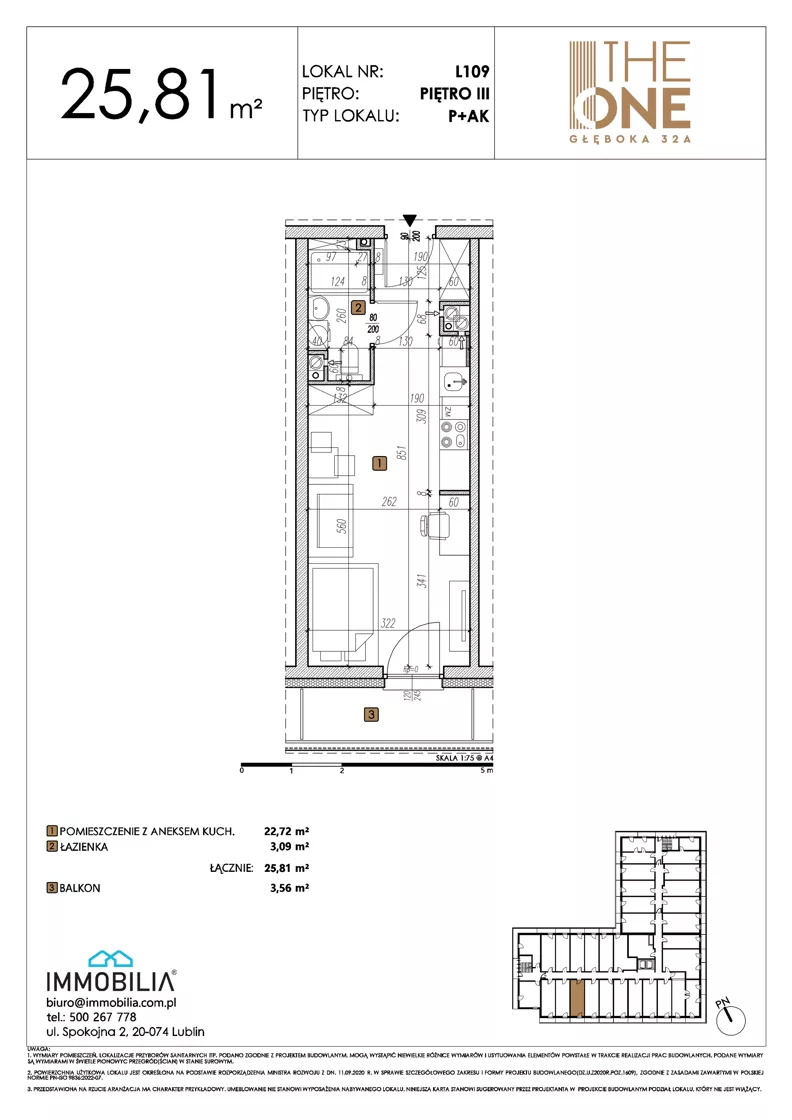 1 pokój, lokal inwestycyjny 25,81 m², piętro 3, oferta nr 109, THE ONE, Lublin, Wieniawa, Miasteczko Akademickie, ul. Głęboka 32A