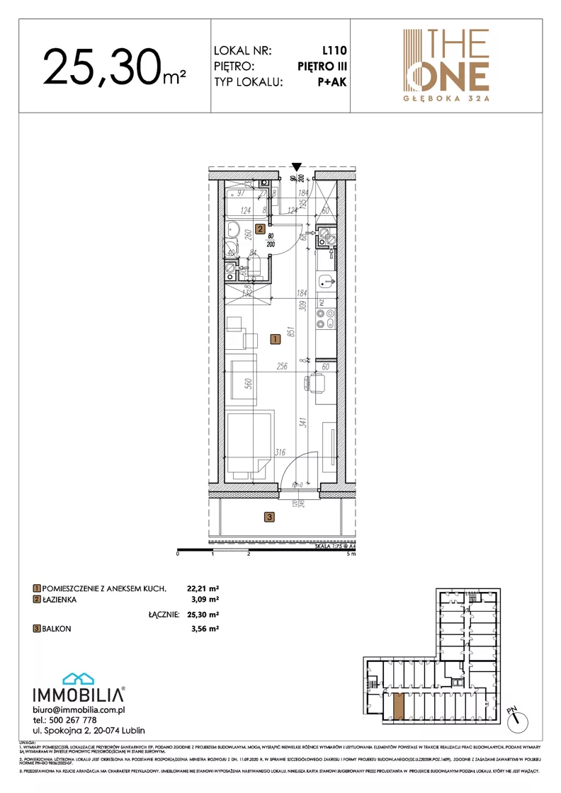 1 pokój, lokal inwestycyjny 25,30 m², piętro 3, oferta nr 110, THE ONE, Lublin, Wieniawa, Miasteczko Akademickie, ul. Głęboka 32A