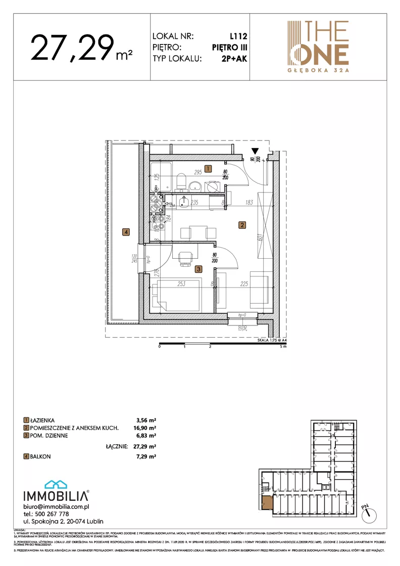 2 pokoje, lokal inwestycyjny 27,29 m², piętro 3, oferta nr 112, THE ONE, Lublin, Wieniawa, Miasteczko Akademickie, ul. Głęboka 32A