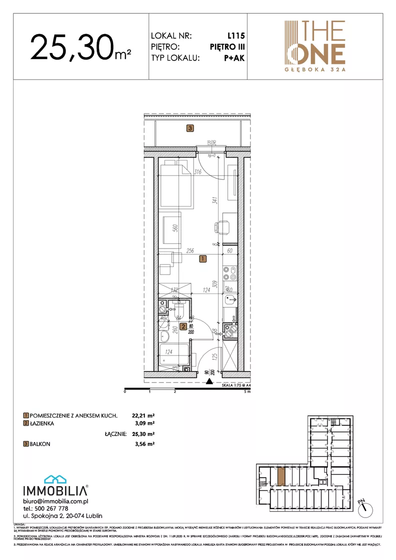 1 pokój, lokal inwestycyjny 25,30 m², piętro 3, oferta nr 115, THE ONE, Lublin, Wieniawa, Miasteczko Akademickie, ul. Głęboka 32A