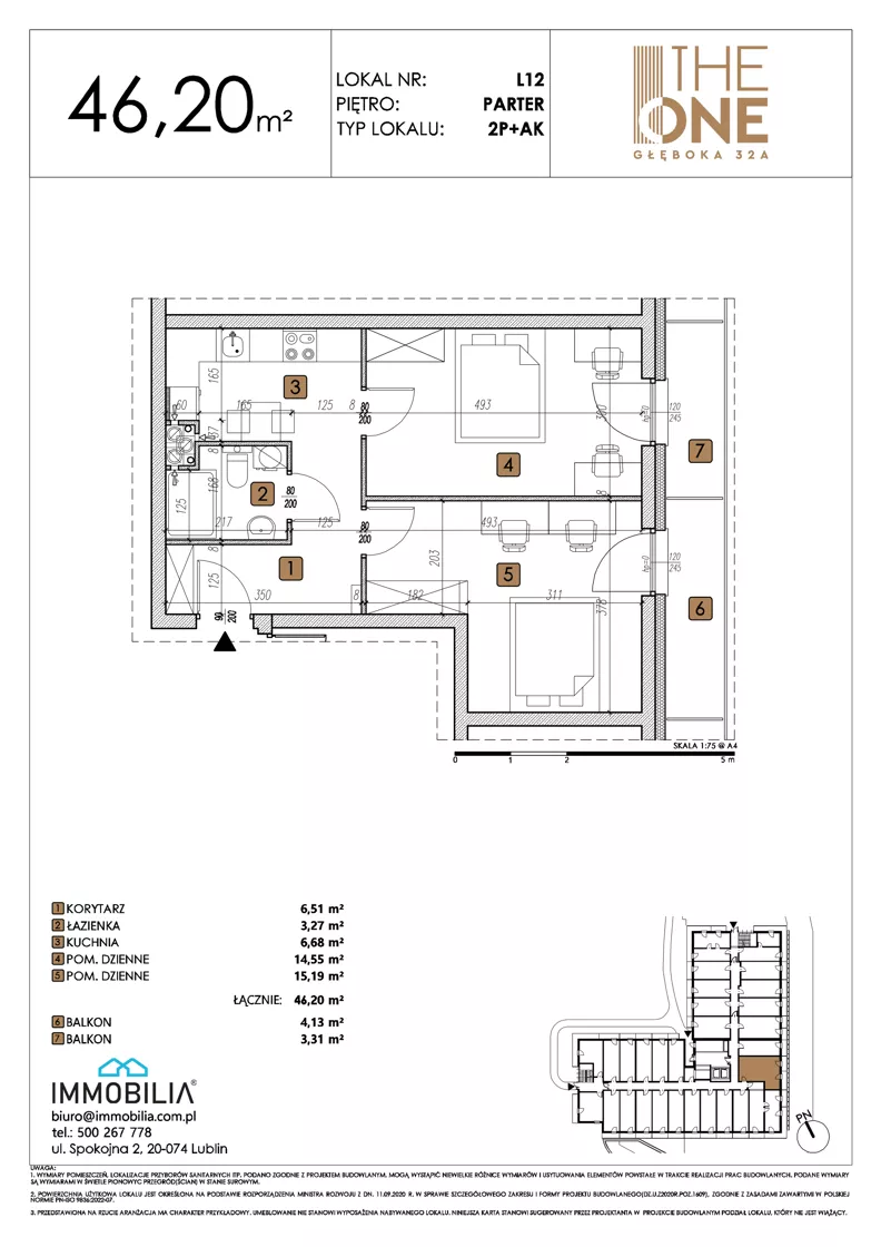 2 pokoje, lokal inwestycyjny 46,20 m², parter, oferta nr 12, THE ONE, Lublin, Wieniawa, Miasteczko Akademickie, ul. Głęboka 32A