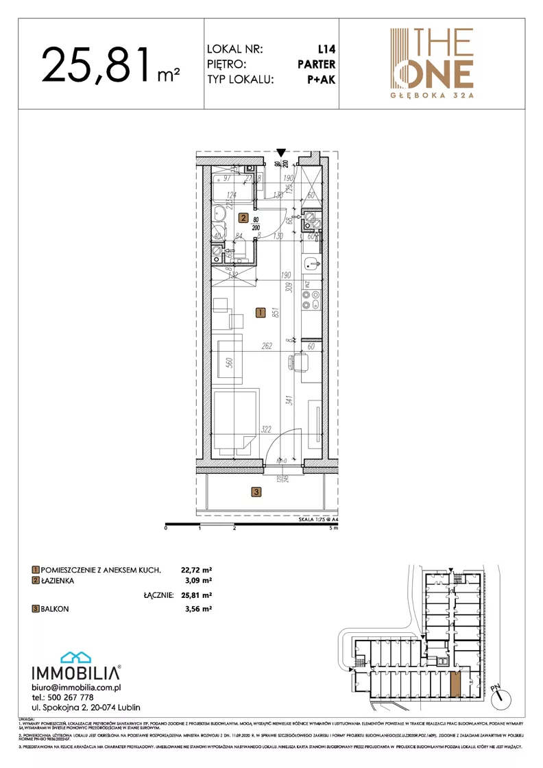 1 pokój, lokal inwestycyjny 25,81 m², parter, oferta nr 14, THE ONE, Lublin, Wieniawa, Miasteczko Akademickie, ul. Głęboka 32A