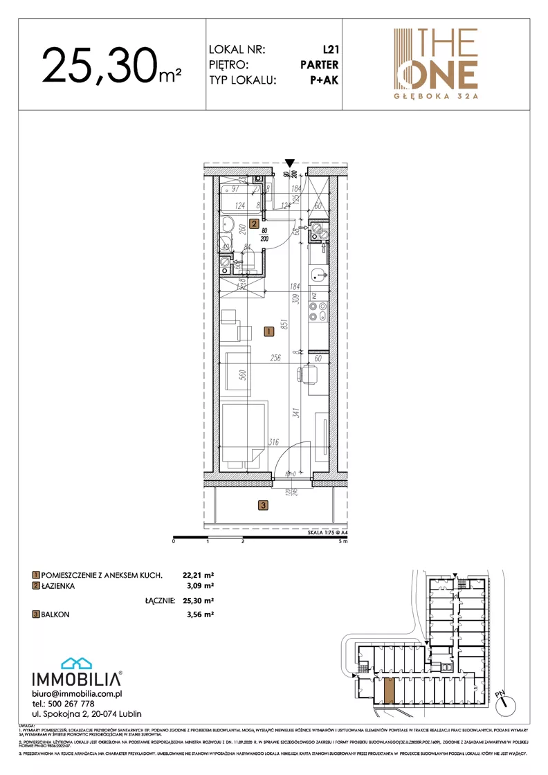 1 pokój, lokal inwestycyjny 25,30 m², parter, oferta nr 21, THE ONE, Lublin, Wieniawa, Miasteczko Akademickie, ul. Głęboka 32A