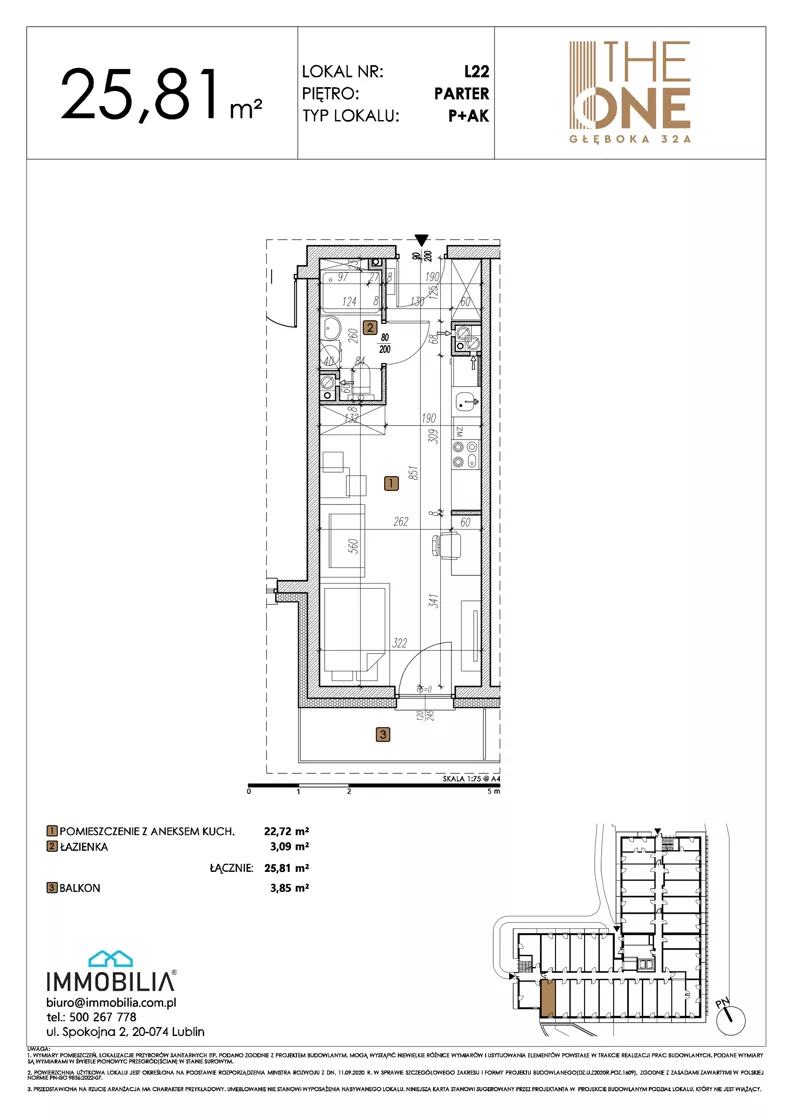 1 pokój, lokal inwestycyjny 25,81 m², parter, oferta nr 22, THE ONE, Lublin, Wieniawa, Miasteczko Akademickie, ul. Głęboka 32A