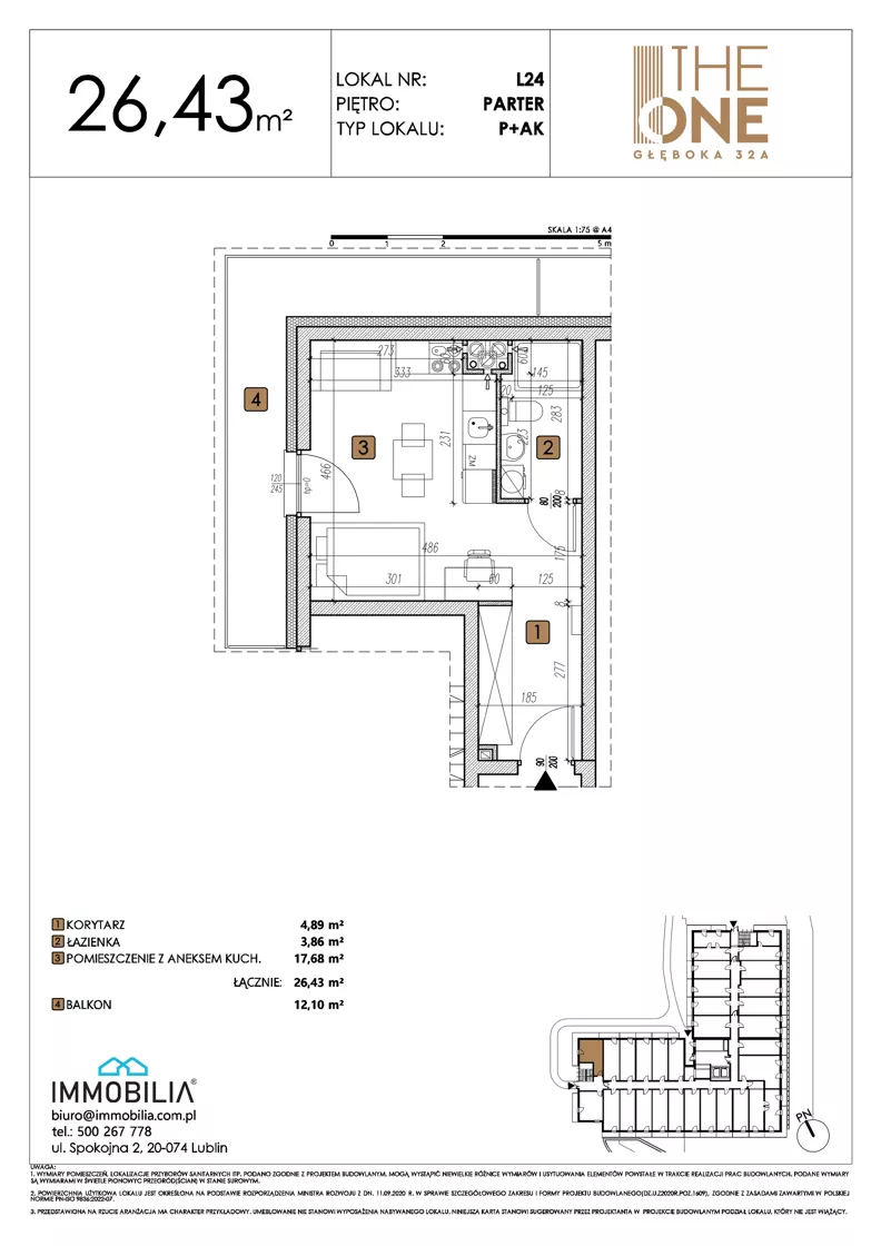1 pokój, lokal inwestycyjny 26,43 m², parter, oferta nr 24, THE ONE, Lublin, Wieniawa, Miasteczko Akademickie, ul. Głęboka 32A