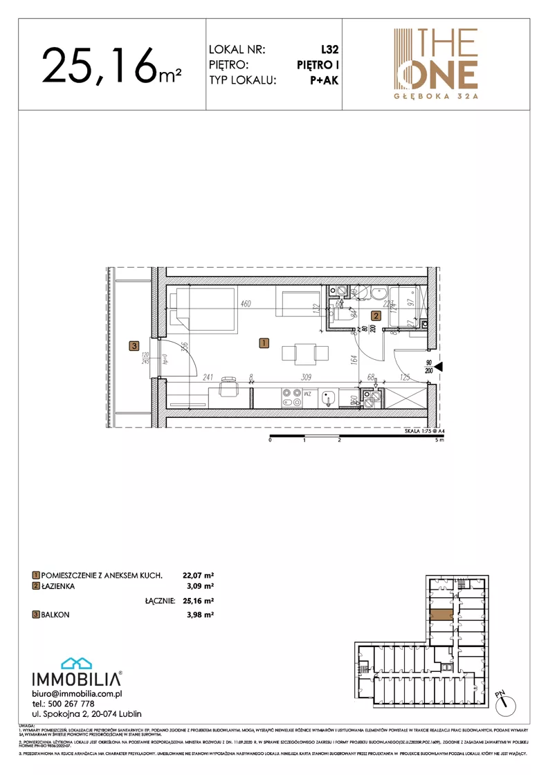 1 pokój, lokal inwestycyjny 25,16 m², piętro 1, oferta nr 32, THE ONE, Lublin, Wieniawa, Miasteczko Akademickie, ul. Głęboka 32A