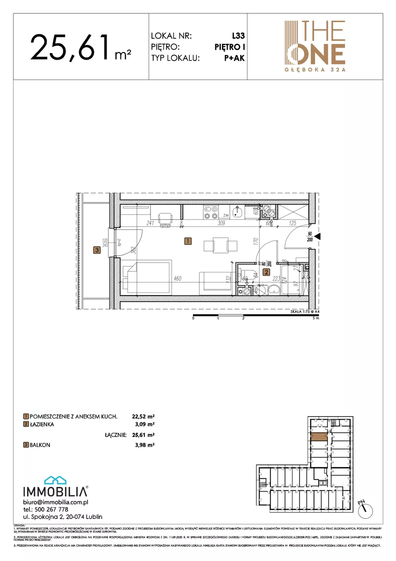 1 pokój, lokal inwestycyjny 25,61 m², piętro 1, oferta nr 33, THE ONE, Lublin, Wieniawa, Miasteczko Akademickie, ul. Głęboka 32A