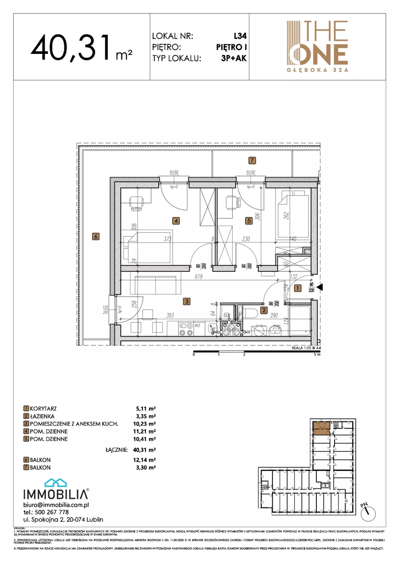 3 pokoje, lokal inwestycyjny 40,31 m², piętro 1, oferta nr 34, THE ONE, Lublin, Wieniawa, Miasteczko Akademickie, ul. Głęboka 32A