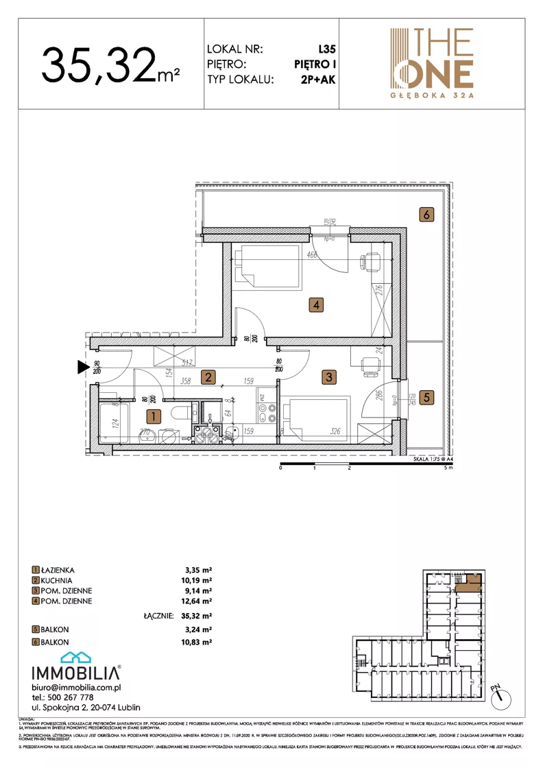 2 pokoje, lokal inwestycyjny 35,32 m², piętro 1, oferta nr 35, THE ONE, Lublin, Wieniawa, Miasteczko Akademickie, ul. Głęboka 32A