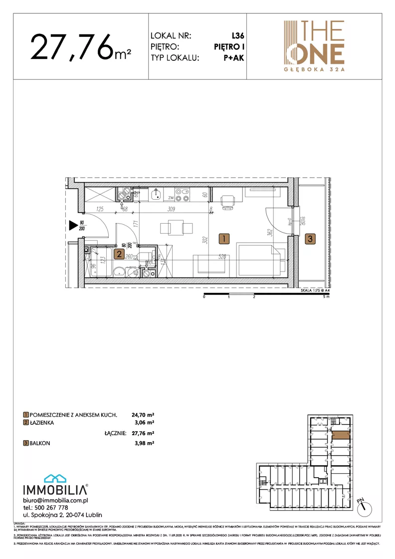 1 pokój, lokal inwestycyjny 27,76 m², piętro 1, oferta nr 36, THE ONE, Lublin, Wieniawa, Miasteczko Akademickie, ul. Głęboka 32A