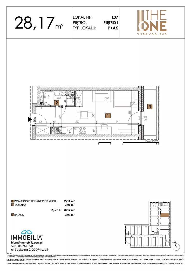 1 pokój, lokal inwestycyjny 28,17 m², piętro 1, oferta nr 37, THE ONE, Lublin, Wieniawa, Miasteczko Akademickie, ul. Głęboka 32A