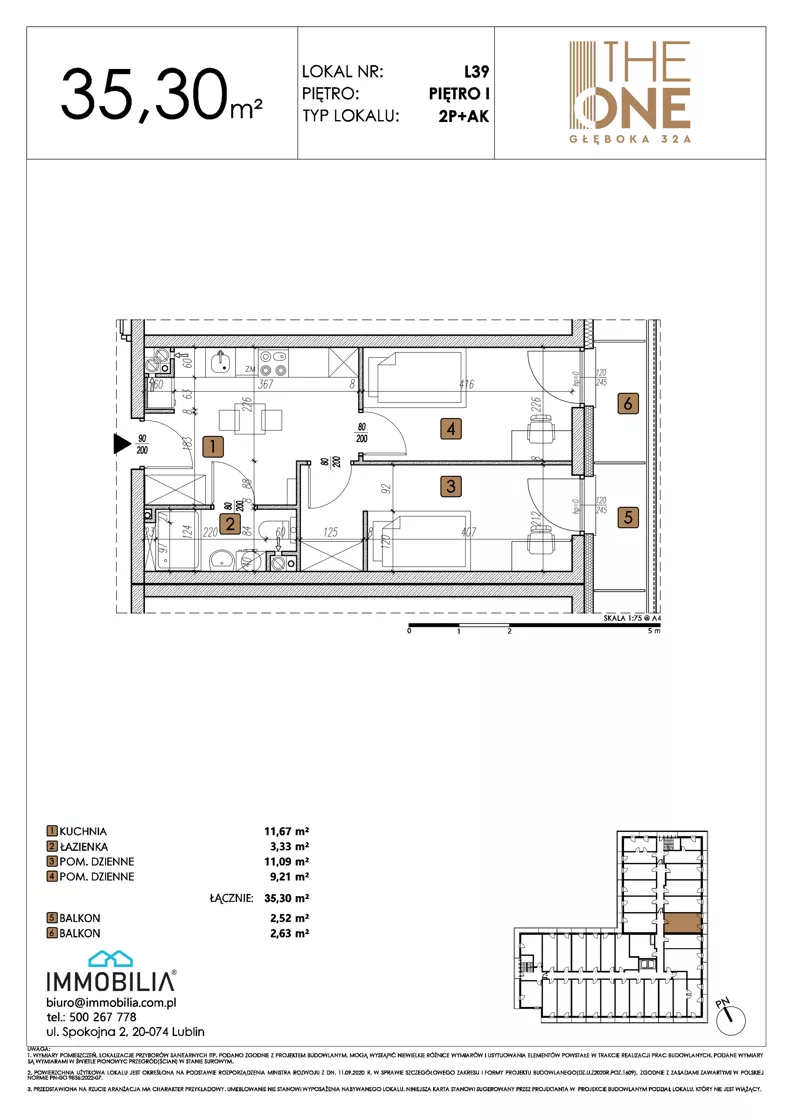 2 pokoje, lokal inwestycyjny 35,30 m², piętro 1, oferta nr 39, THE ONE, Lublin, Wieniawa, Miasteczko Akademickie, ul. Głęboka 32A
