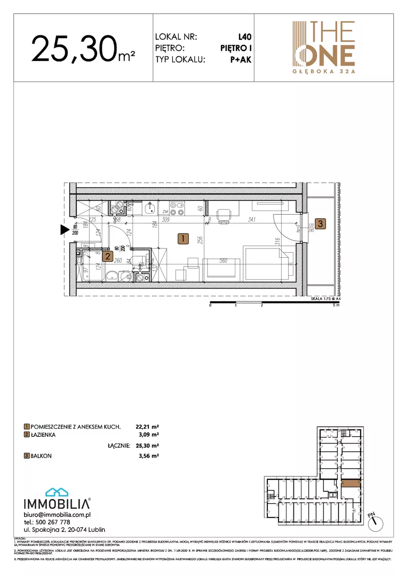 1 pokój, lokal inwestycyjny 25,30 m², piętro 1, oferta nr 40, THE ONE, Lublin, Wieniawa, Miasteczko Akademickie, ul. Głęboka 32A