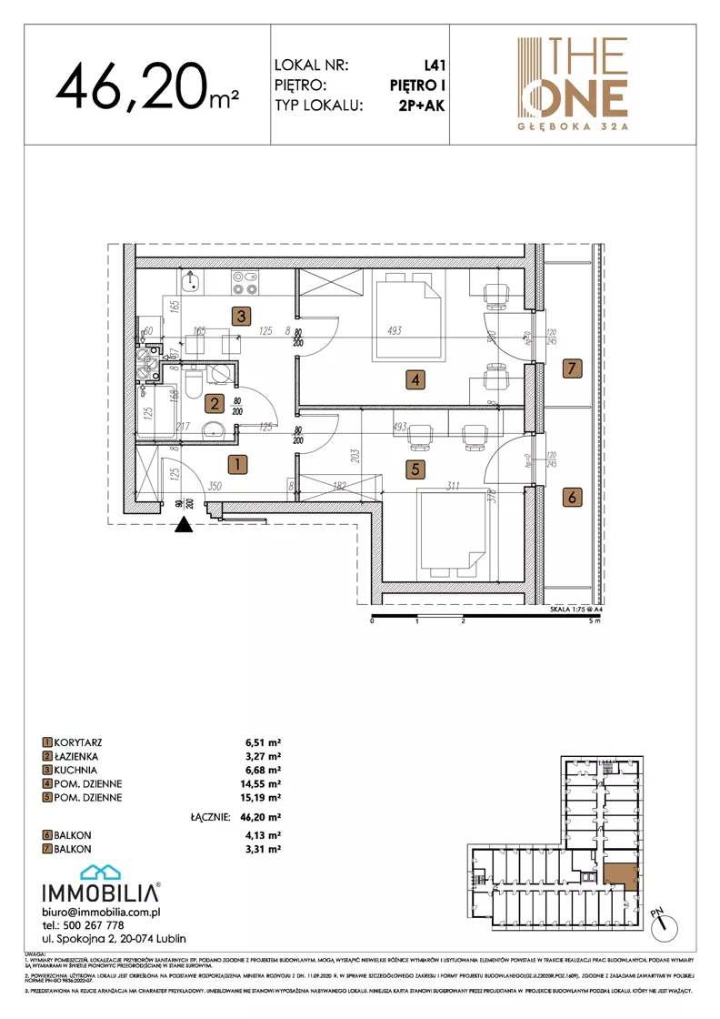 2 pokoje, lokal inwestycyjny 46,20 m², piętro 1, oferta nr 41, THE ONE, Lublin, Wieniawa, Miasteczko Akademickie, ul. Głęboka 32A