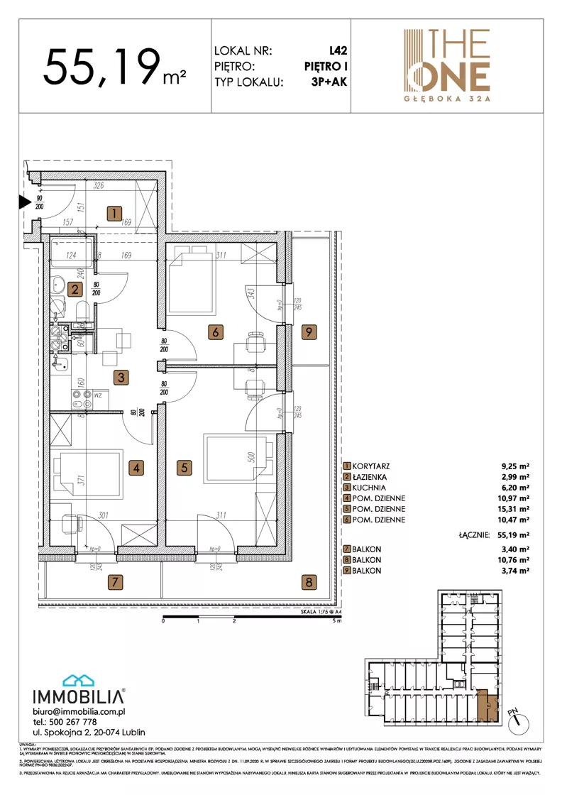 3 pokoje, lokal inwestycyjny 55,19 m², piętro 1, oferta nr 42, THE ONE, Lublin, Wieniawa, Miasteczko Akademickie, ul. Głęboka 32A